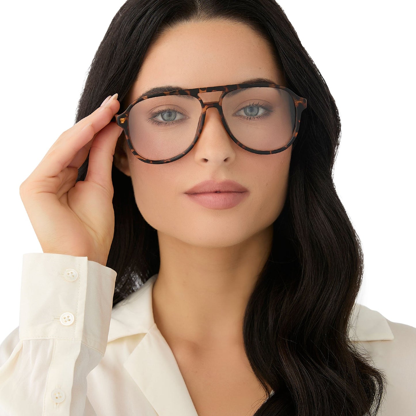 on model - female wearing diff eyewear featuring the tatum aviator blue light readers with a espresso tortoise frame front view