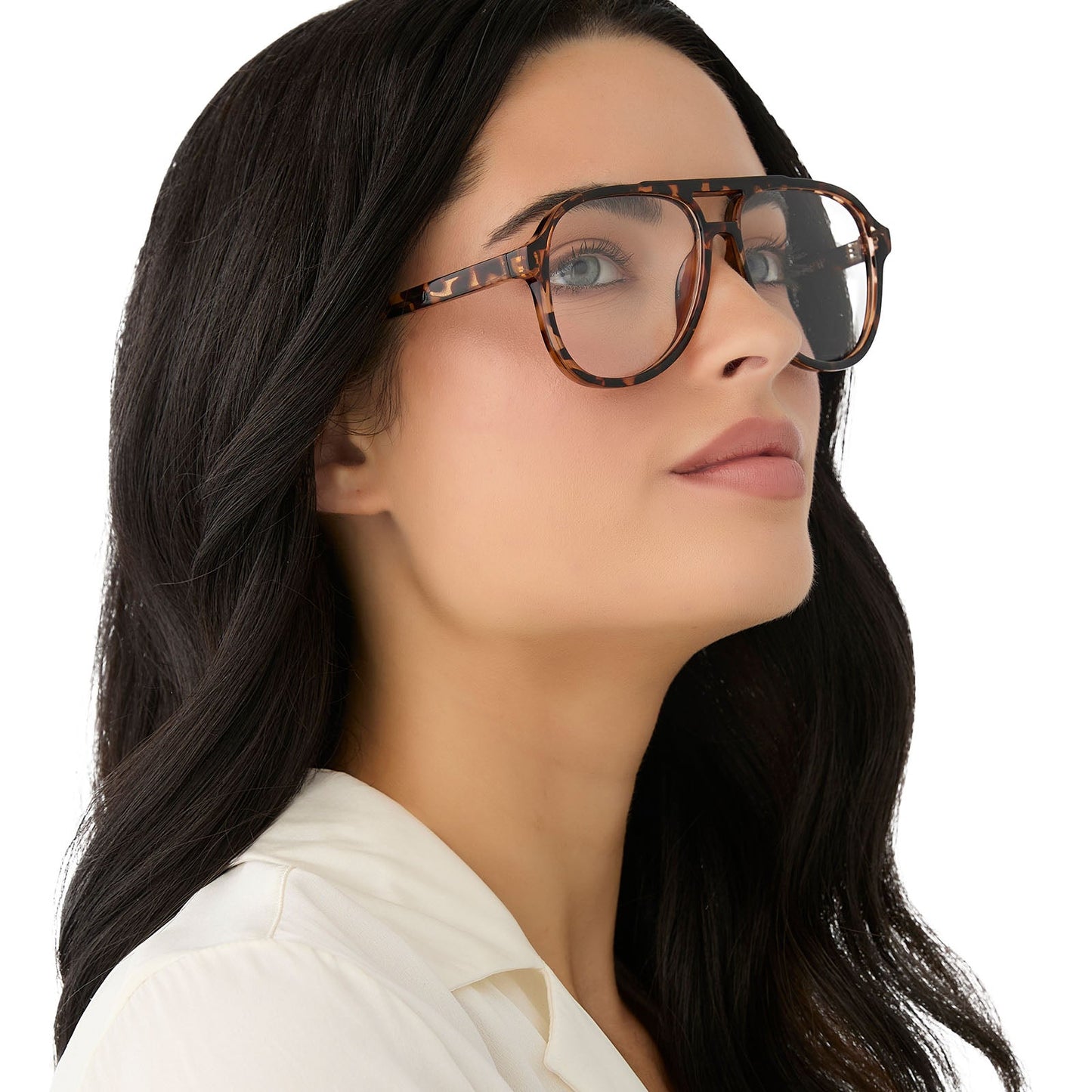 on model - female wearing diff eyewear featuring the tatum aviator blue light readers with a espresso tortoise frame side view