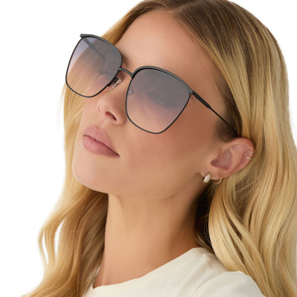 on model - female wearing diff eyewear featuring the vittoria square sunglasses with a brushed black frame and twilight gradient lenses angled view