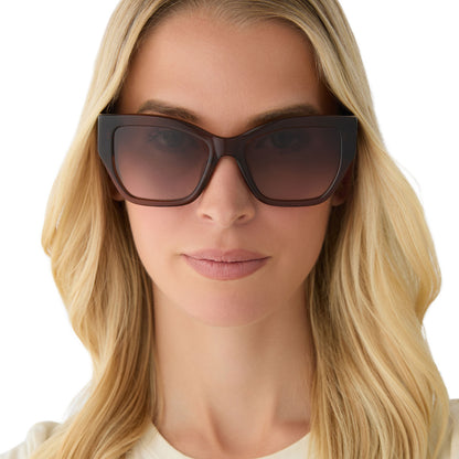 on model - female wearing diff eyewear featuring the vivienne cat eye sunglasses with a whiskey frame and brown gradient polarized lenses front view
