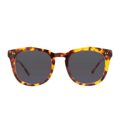 prescription sunglasses - diff eyewear weston round as a sunglasses with a amber tortoise acetate frame and grey prescription lenses front view