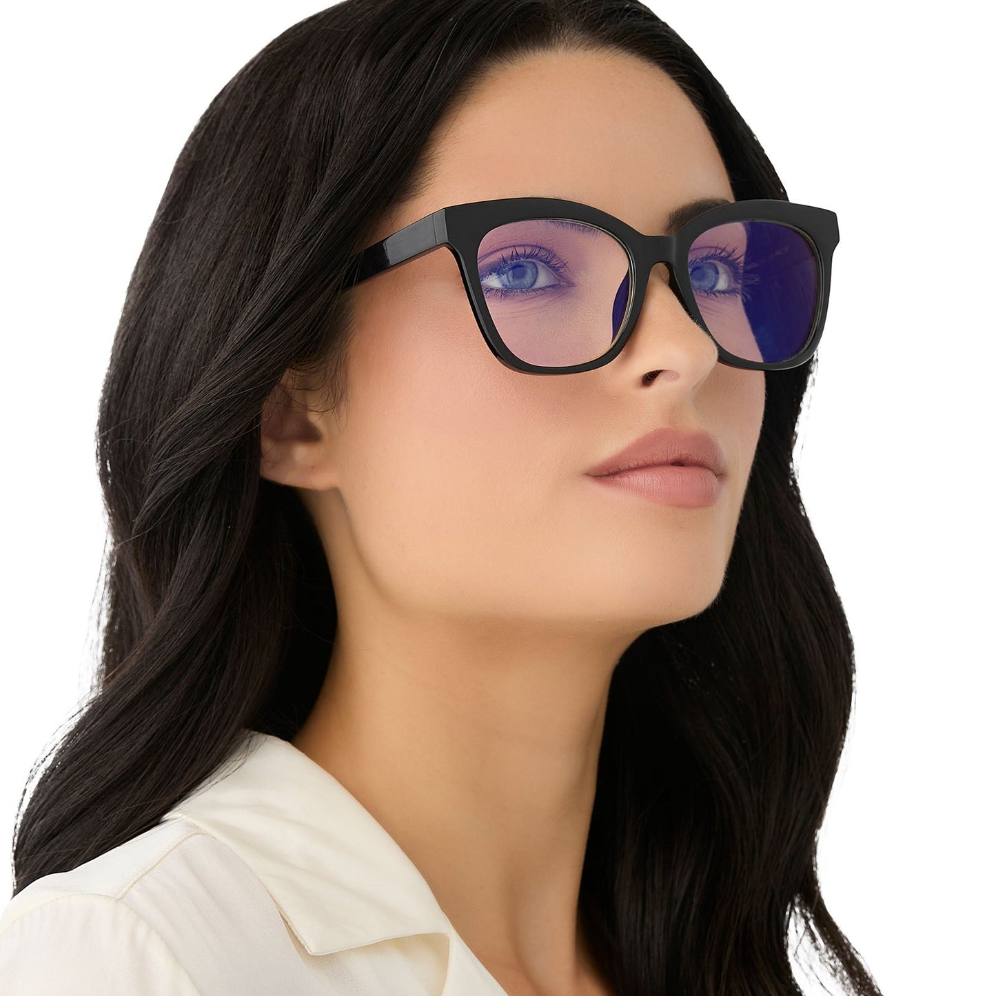 on model - female wearing diff eyewear featuring the willa square blue light readers with a black frame angled view