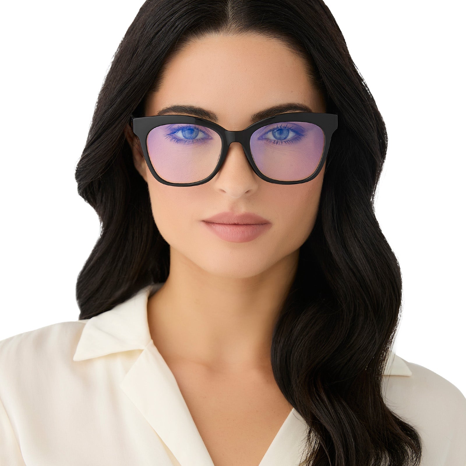 on model - female wearing diff eyewear featuring the willa square blue light readers with a black frame front view