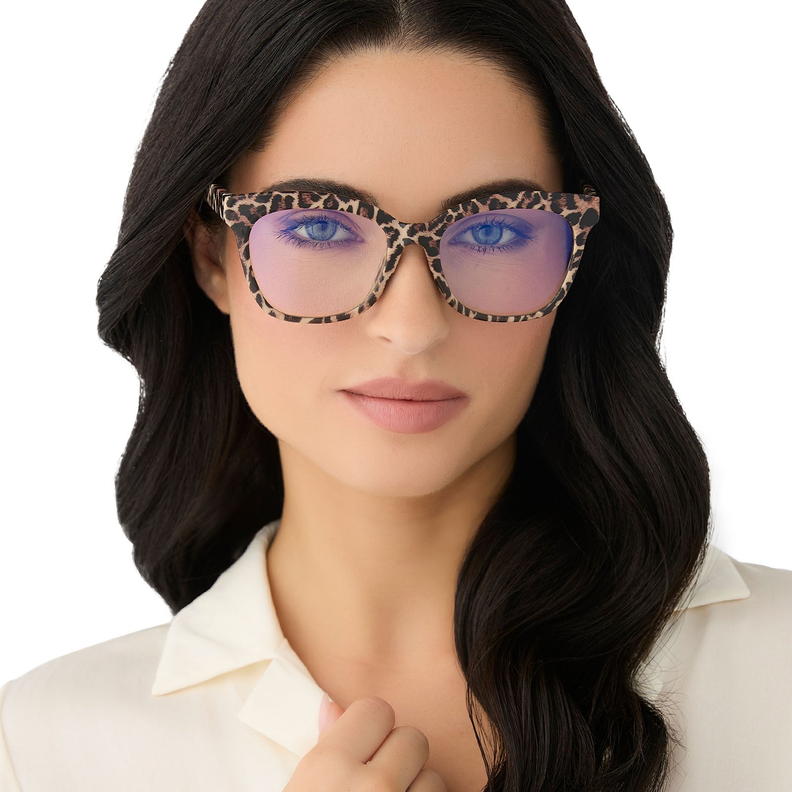 on model - female wearing diff eyewear featuring the willa square blue light readers with a leopard tortoise frame front view