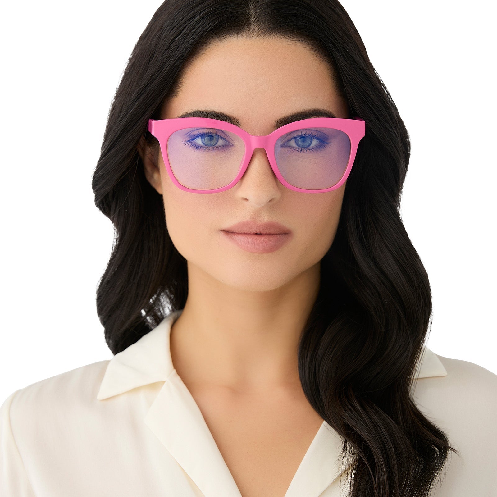 on model - female wearing diff eyewear featuring the willa square blue light readers with a peony pink frame front view