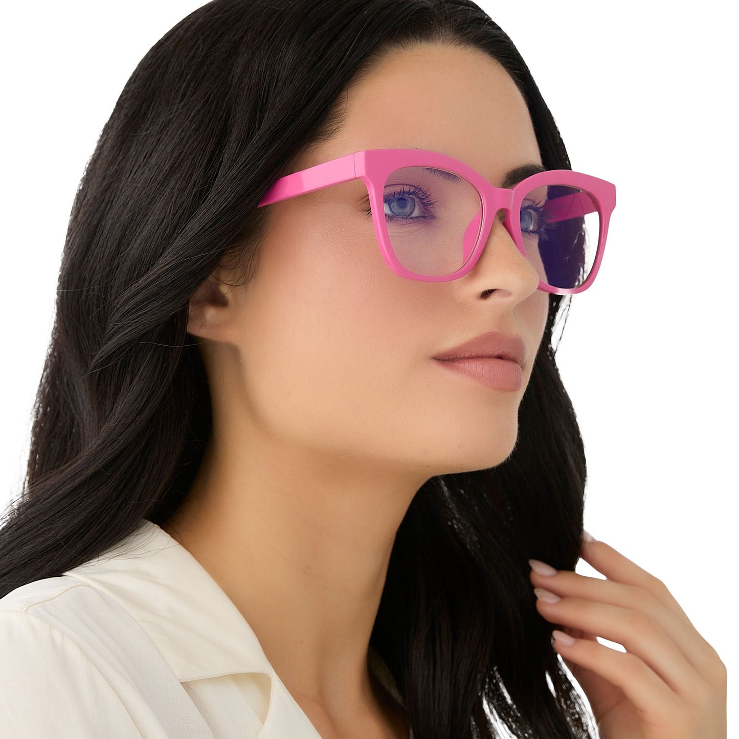 on model - female wearing diff eyewear featuring the willa square blue light readers with a peony pink frame angled view