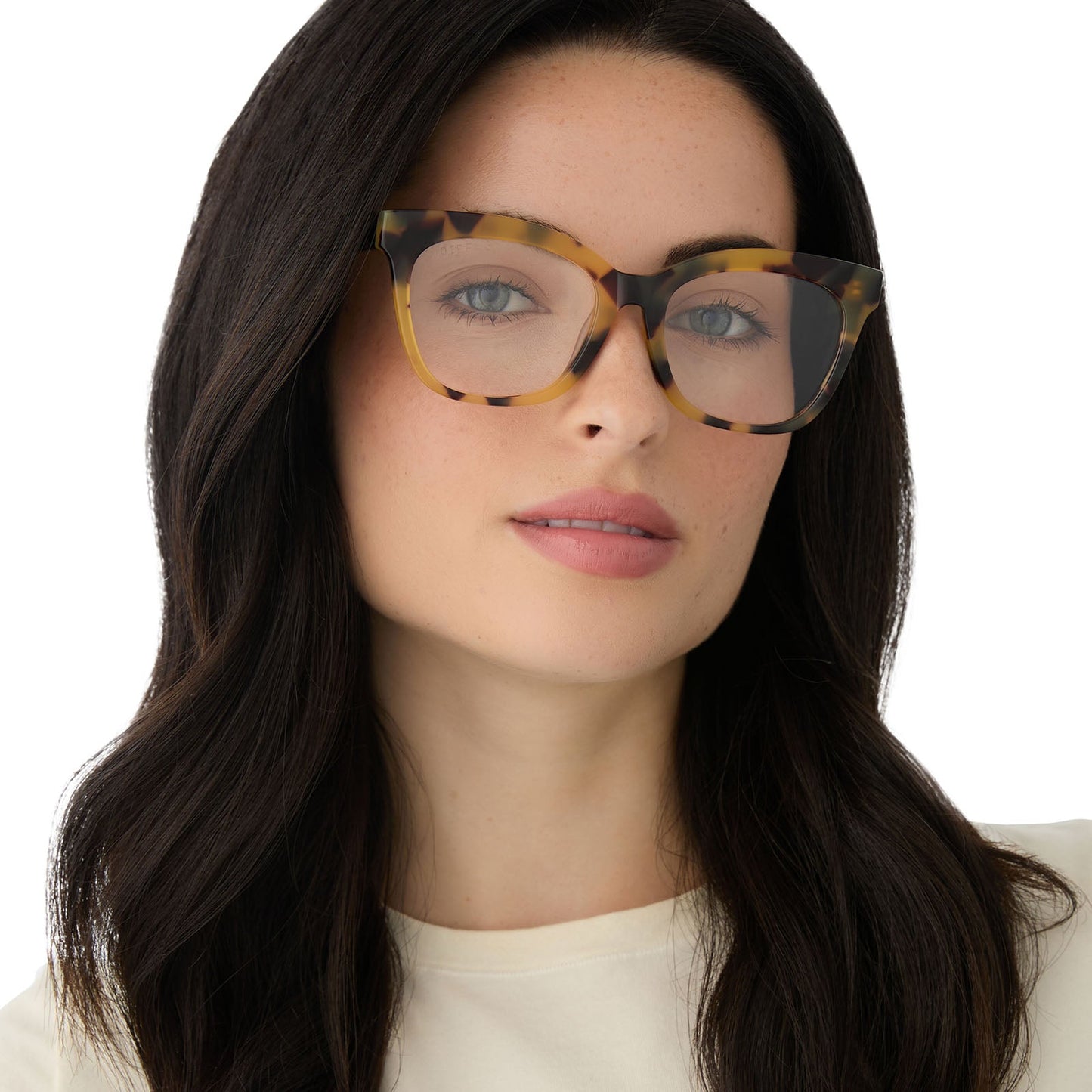on model - female wearing diff eyewear featuring the winston square prescription glasses with a brown kombu frame front view