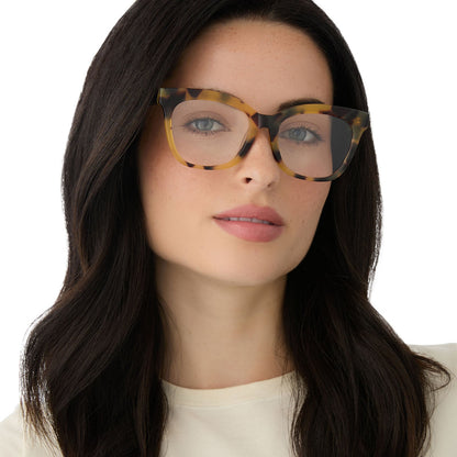on model - female wearing diff eyewear featuring the winston square prescription glasses with a brown kombu frame front view