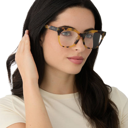 on model - female wearing diff eyewear featuring the winston square prescription glasses with a brown kombu frame angled view