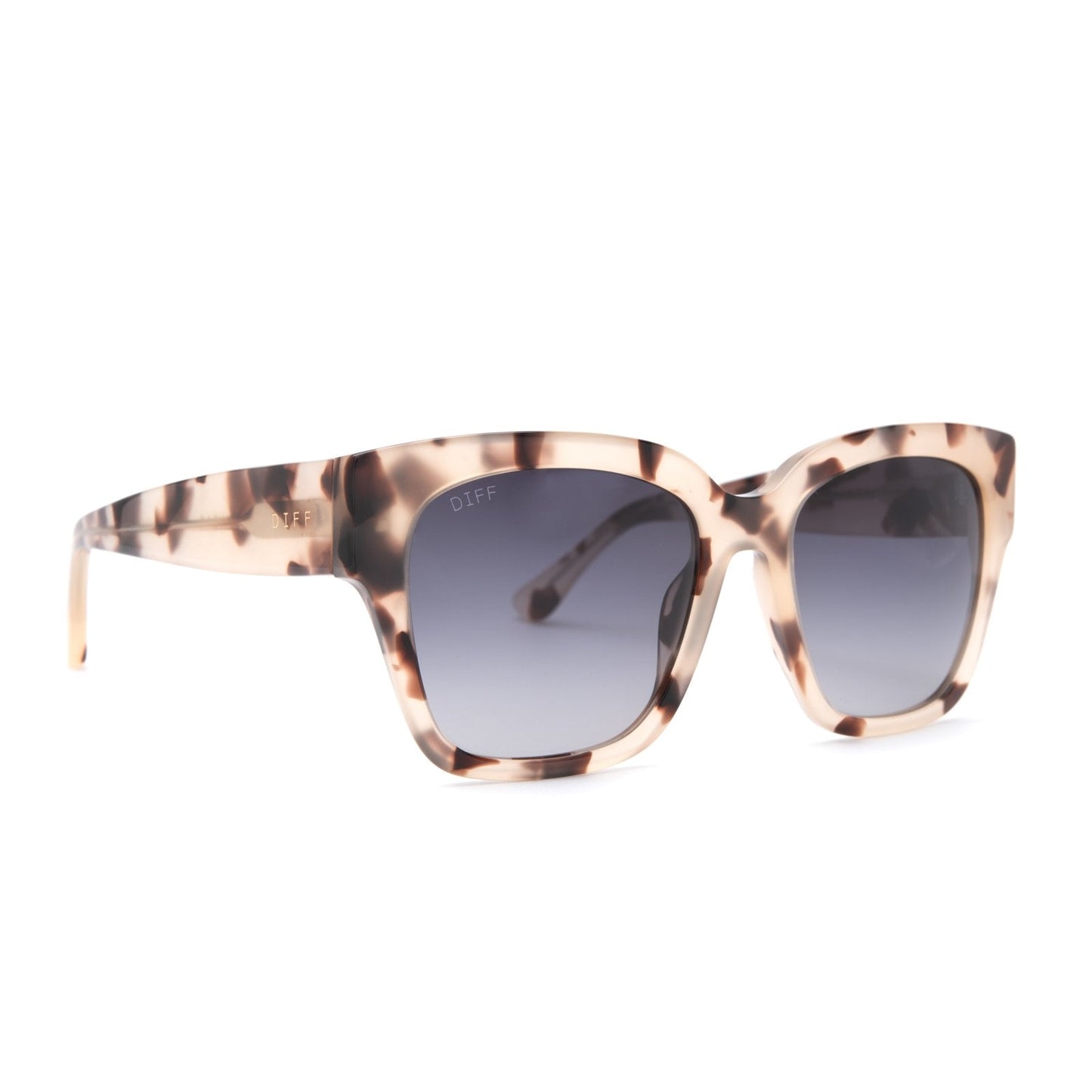 Bella II sunglasses in with cream tortoise frames and grey gradient lens angle view