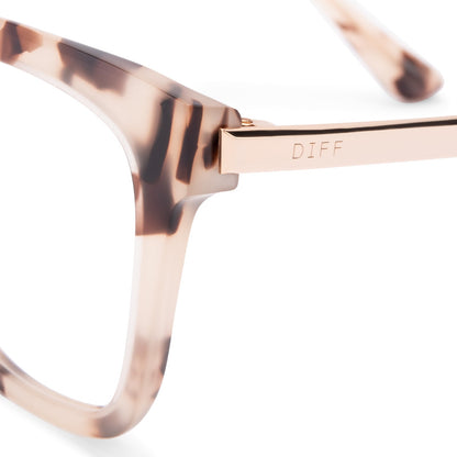 Bella eyeglasses with cream tortoise frames with blue light technology lens detail view
