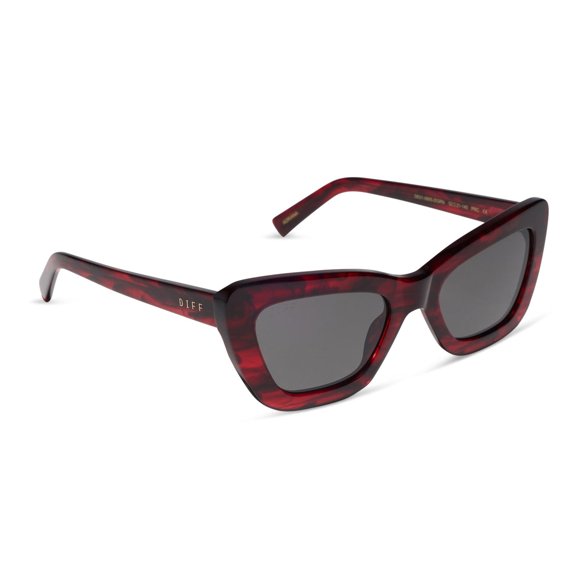diff eyewear featuring the adriana cateye sunglasses with a rich red tortoise frame and grey lenses angled view