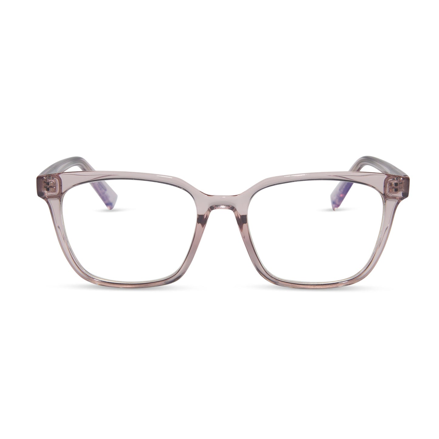 diff eyewear featuring the alex square blue light readers with a light pink crystal frame front view