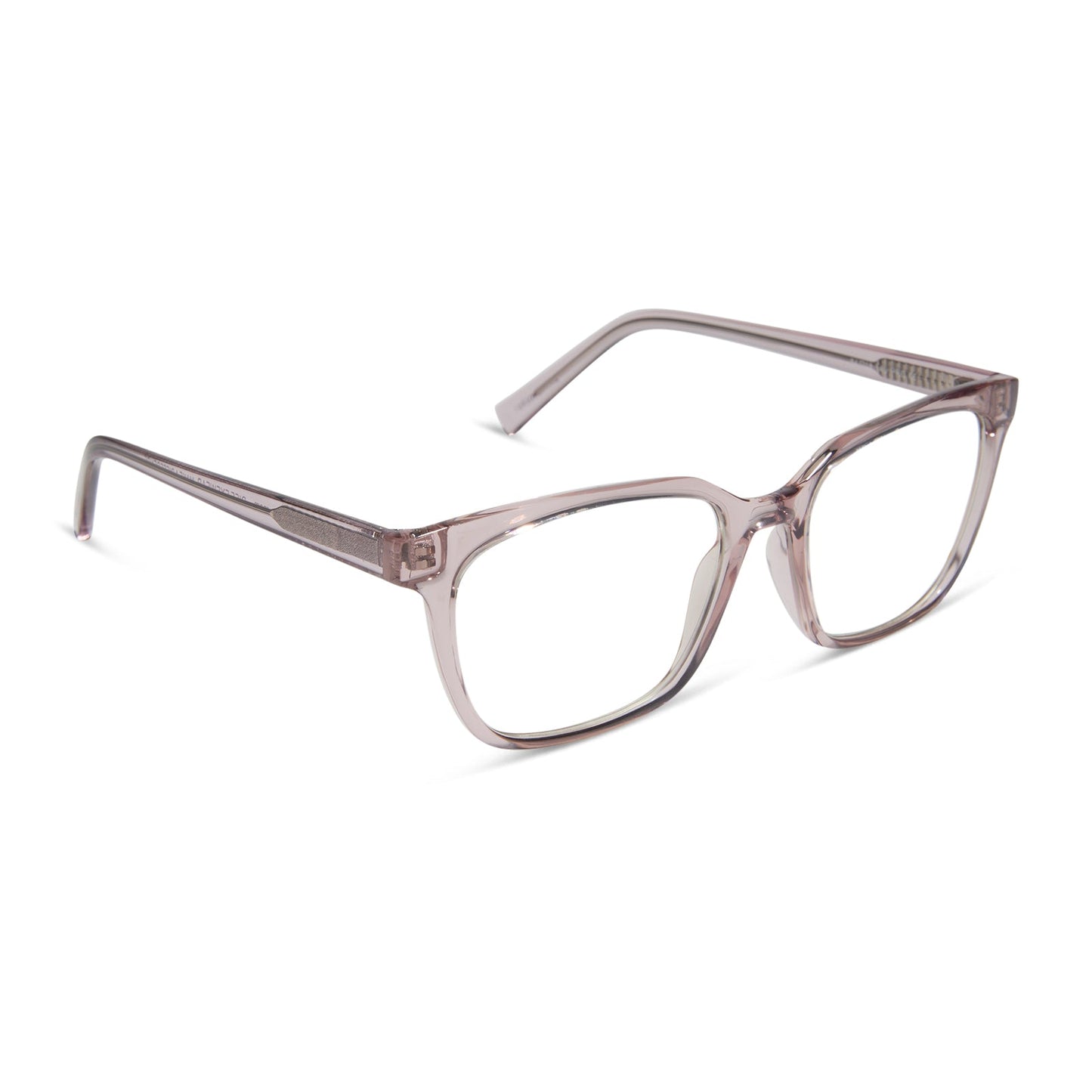 diff eyewear featuring the alex square blue light readers with a light pink crystal frame angled view