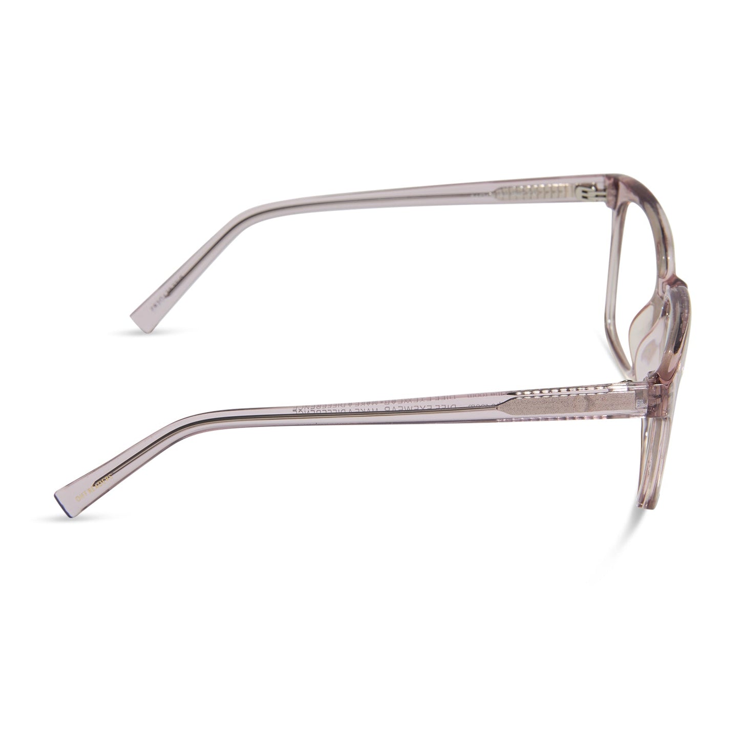 diff eyewear featuring the alex square blue light readers with a light pink crystal frame side view