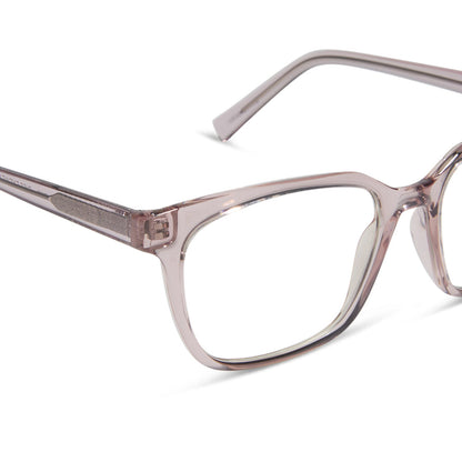 diff eyewear featuring the alex square blue light readers with a light pink crystal frame detailed view