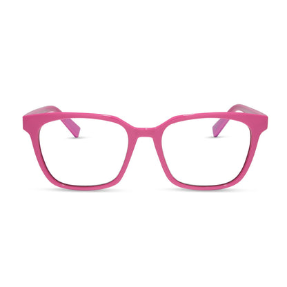 diff eyewear featuring the alex square blue light readers with a peony pink frame front view