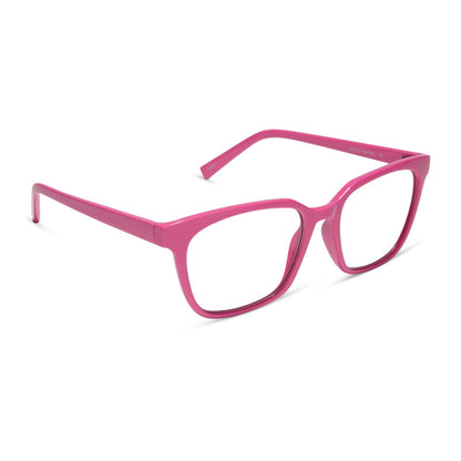 diff eyewear featuring the alex square blue light readers with a peony pink frame angled view