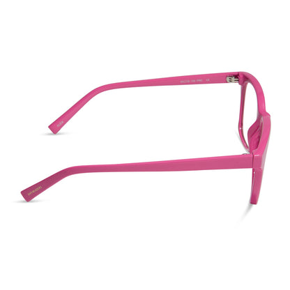 diff eyewear featuring the alex square blue light readers with a peony pink frame side view