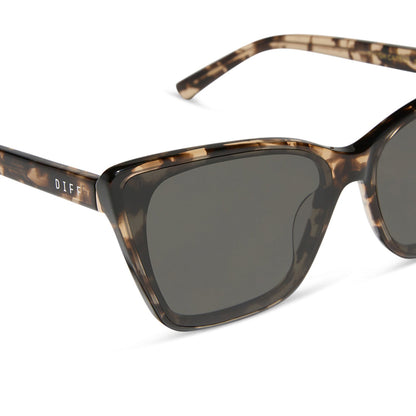 diff eyewear featuring the alina cat eye sunglasses with a espresso tortoise frame and grey lenses detailed view