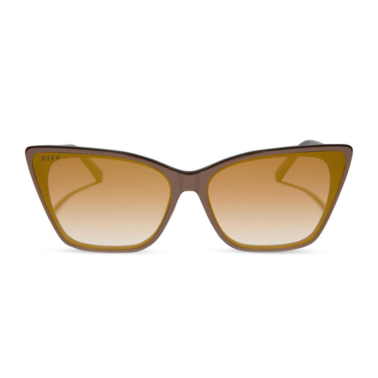 diff eyewear featuring the alina cat eye sunglasses with a moscow mule brown opalescent frame and brown gradient gold flash lenses front view