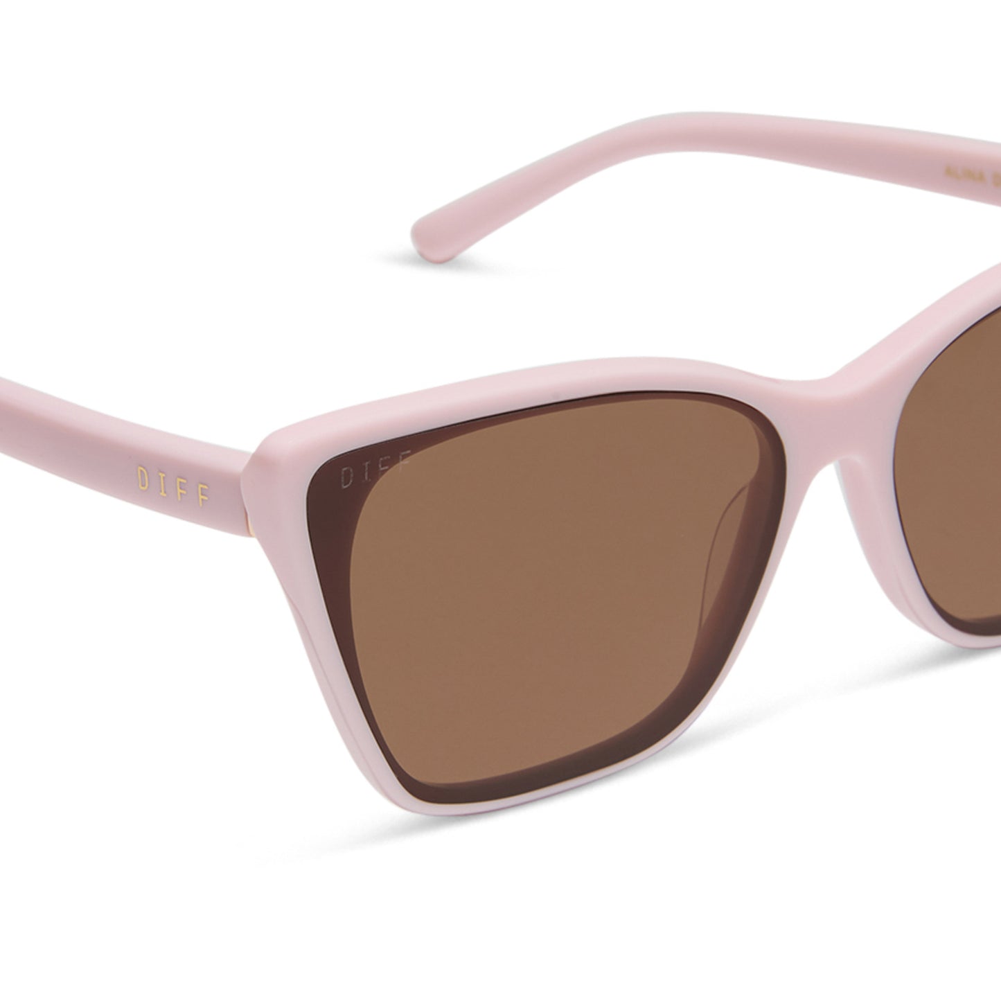 diff eyewear featuring the alina cat eye sunglasses with a powder pink frame and brown lenses detailed view