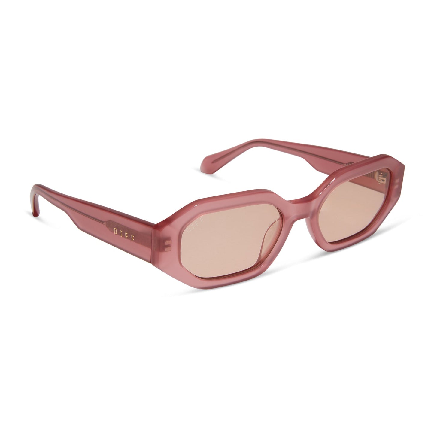 diff eyewear featuring the allegra rectangle sunglasses with a guava pink frame and guava lenses angled view