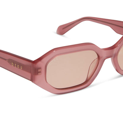 diff eyewear featuring the allegra rectangle sunglasses with a guava pink frame and guava lenses detailed view