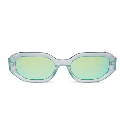 diff eyewear allegra square sunglasses with a opalescent turquoise acetate frame and turquoise ice mirror lenses front view