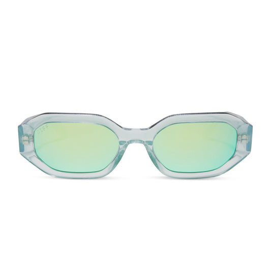 diff eyewear allegra square sunglasses with a opalescent turquoise acetate frame and turquoise ice mirror lenses front view