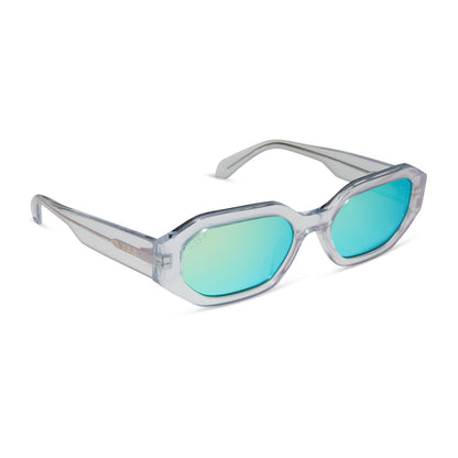 diff eyewear allegra square sunglasses with a opalescent turquoise acetate frame and turquoise ice mirror lenses angled view