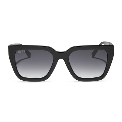 diff eyewear featuring the amara square sunglasses with a black frame and grey gradient lenses front view