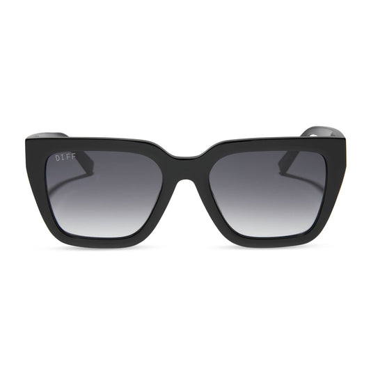 diff eyewear featuring the amara square sunglasses with a black frame and grey gradient lenses front view