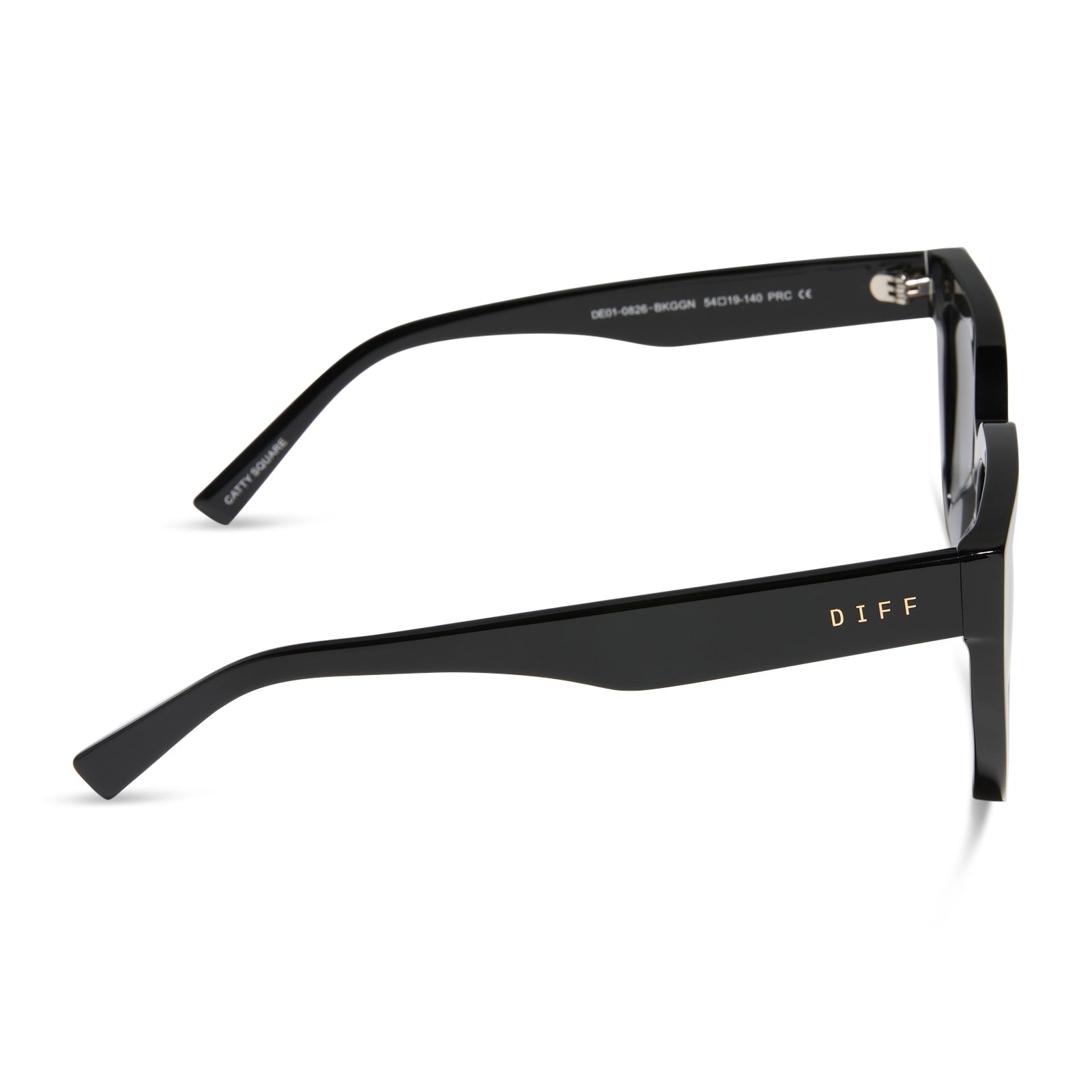 diff eyewear featuring the amara square sunglasses with a black frame and grey gradient lenses side view