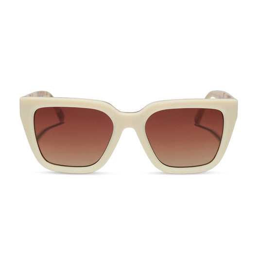 diff eyewear featuring the amara square sunglasses with a courtside ivory outside with gilded tortoise inside the frame and brown gradient polarized lenses front view