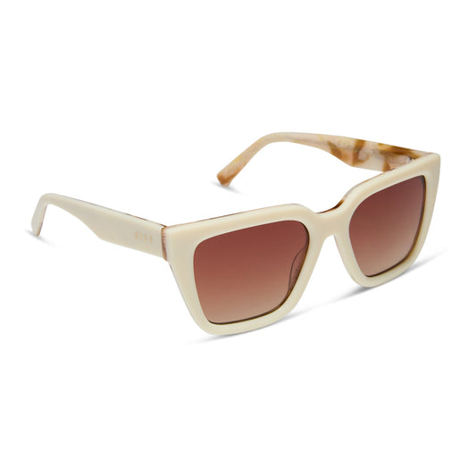 diff eyewear featuring the amara square sunglasses with a courtside ivory outside with gilded tortoise inside the frame and brown gradient polarized lenses angled view