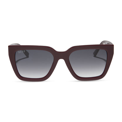 diff eyewear featuring the amara square sunglasses with a dark cherry lacquer frame and grey gradient lenses front view