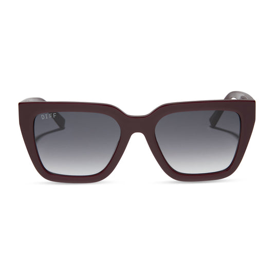diff eyewear featuring the amara square sunglasses with a dark cherry lacquer frame and grey gradient lenses front view