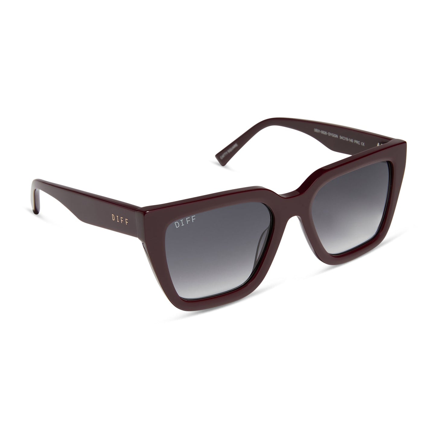 diff eyewear featuring the amara square sunglasses with a dark cherry lacquer frame and grey gradient lenses angled view