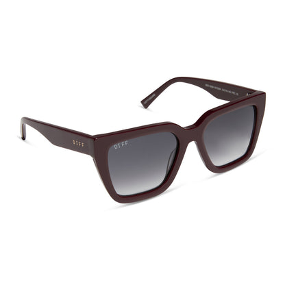 diff eyewear featuring the amara square sunglasses with a dark cherry lacquer frame and grey gradient lenses angled view