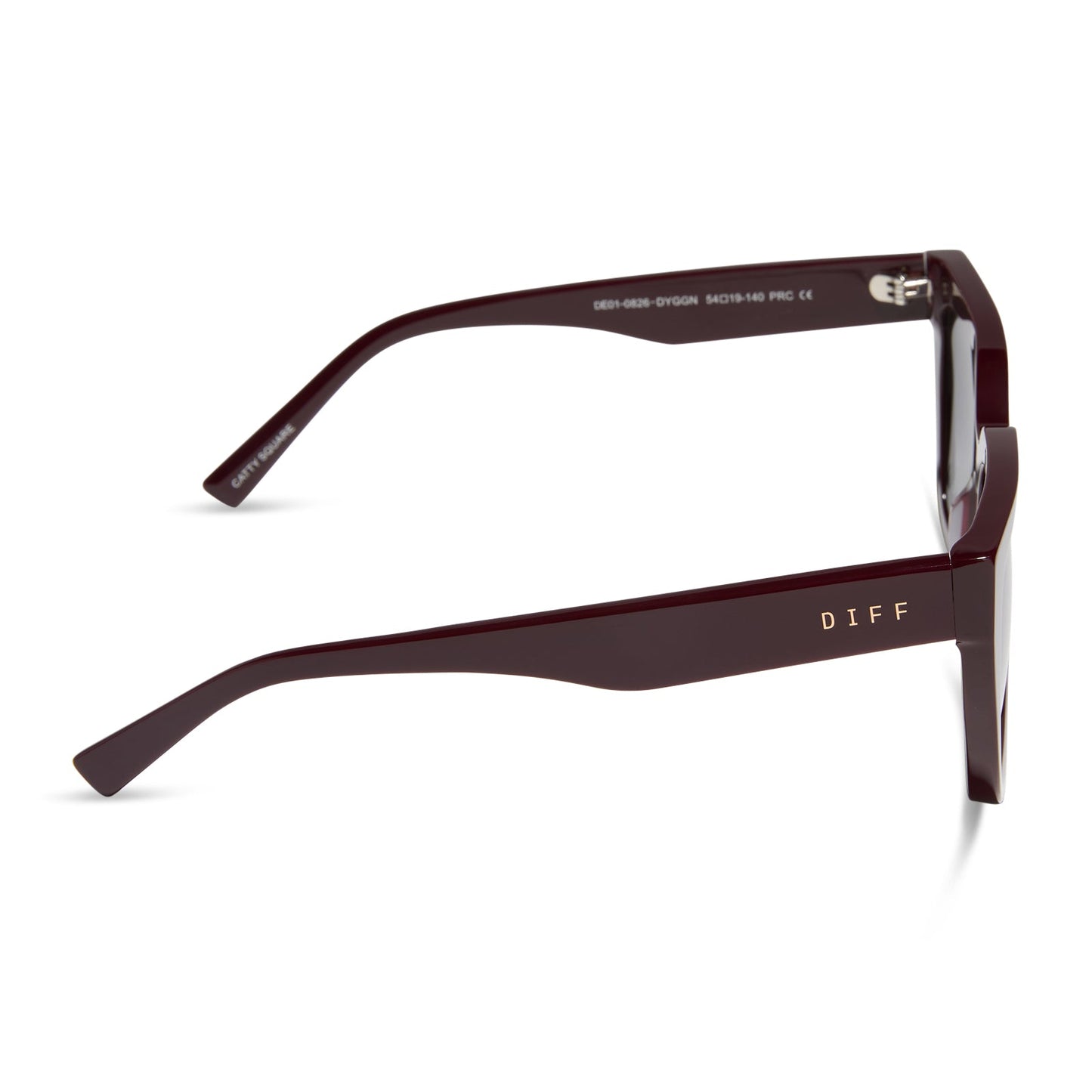 diff eyewear featuring the amara square sunglasses with a dark cherry lacquer frame and grey gradient lenses side view