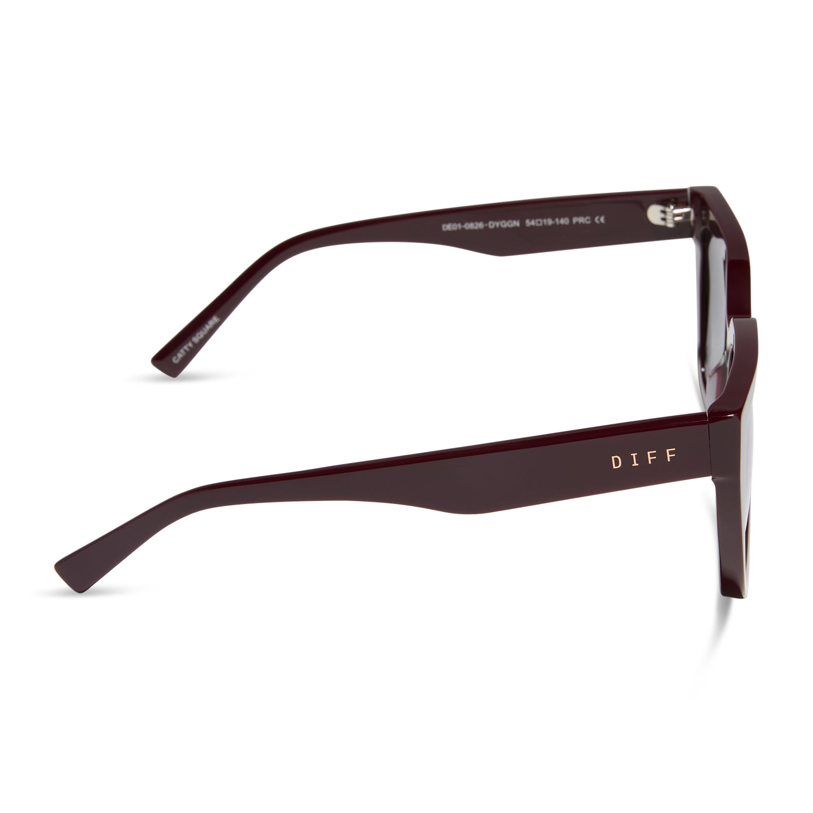 diff eyewear featuring the amara square sunglasses with a dark cherry lacquer frame and grey gradient lenses side view