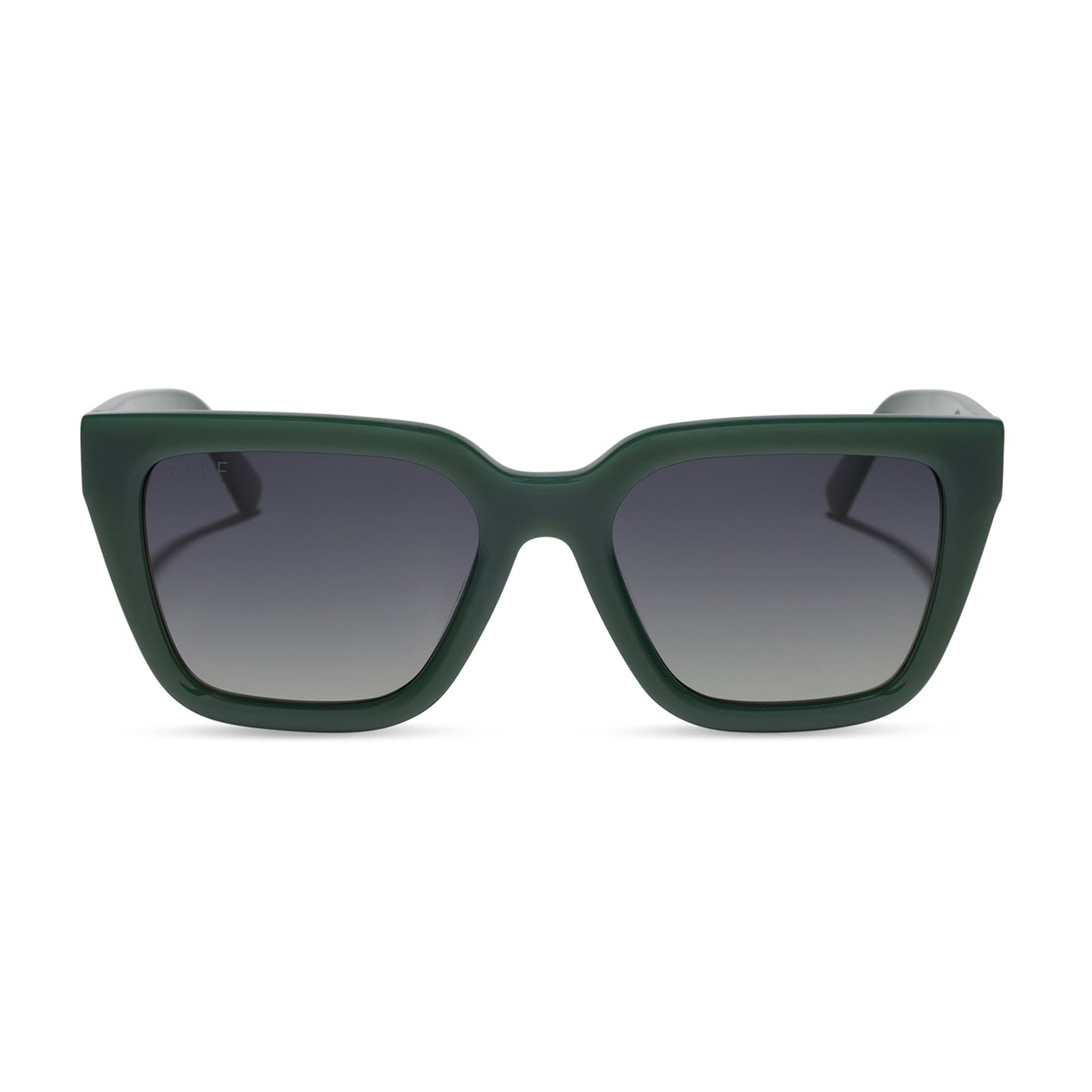 diff eyewear featuring the amara square sunglasses with a fairway green acetate frame and grey gradient polarized lenses front view
