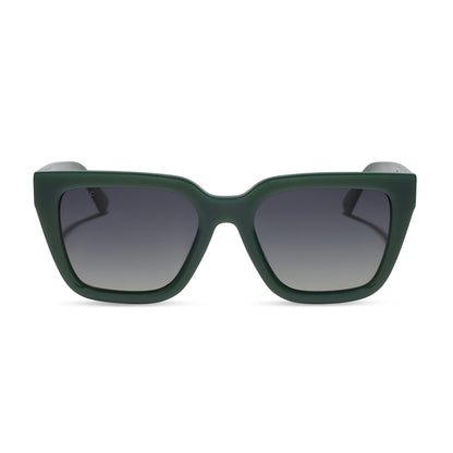 diff eyewear featuring the amara square sunglasses with a fairway green acetate frame and grey gradient polarized lenses front view