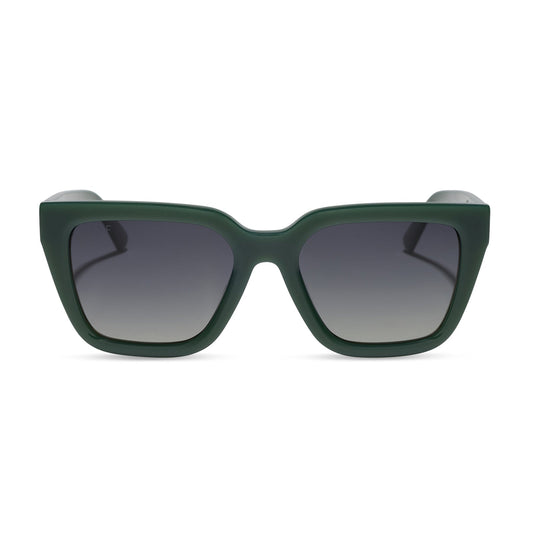 diff eyewear featuring the amara square sunglasses with a fairway green acetate frame and grey gradient polarized lenses front view