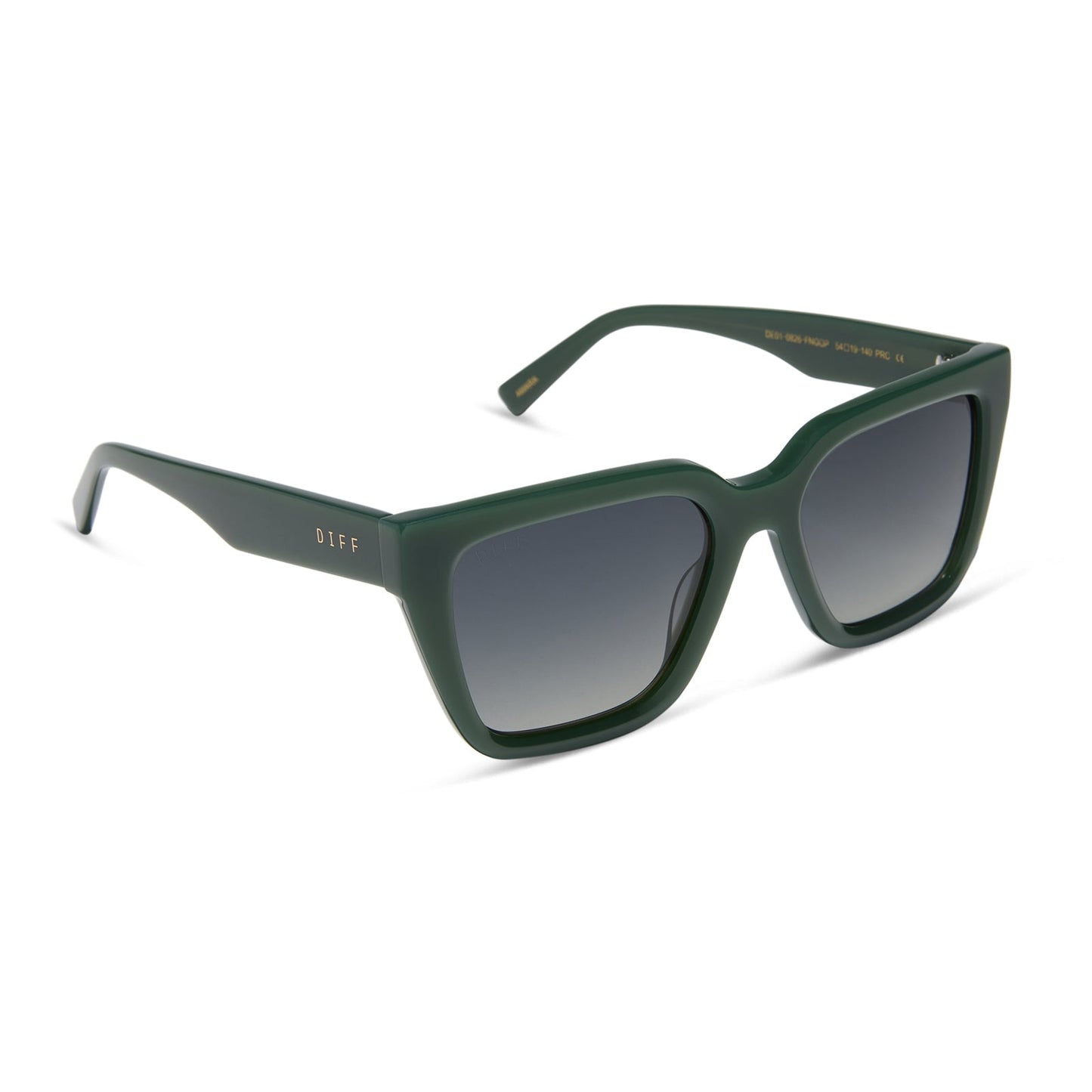diff eyewear featuring the amara square sunglasses with a fairway green acetate frame and grey gradient polarized lenses angled view