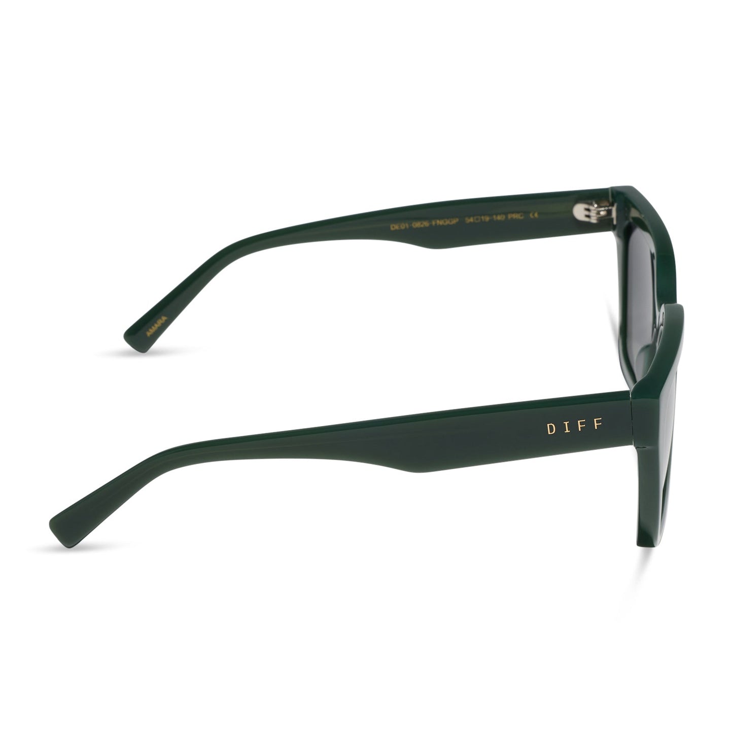 diff eyewear featuring the amara square sunglasses with a fairway green acetate frame and grey gradient polarized lenses side view