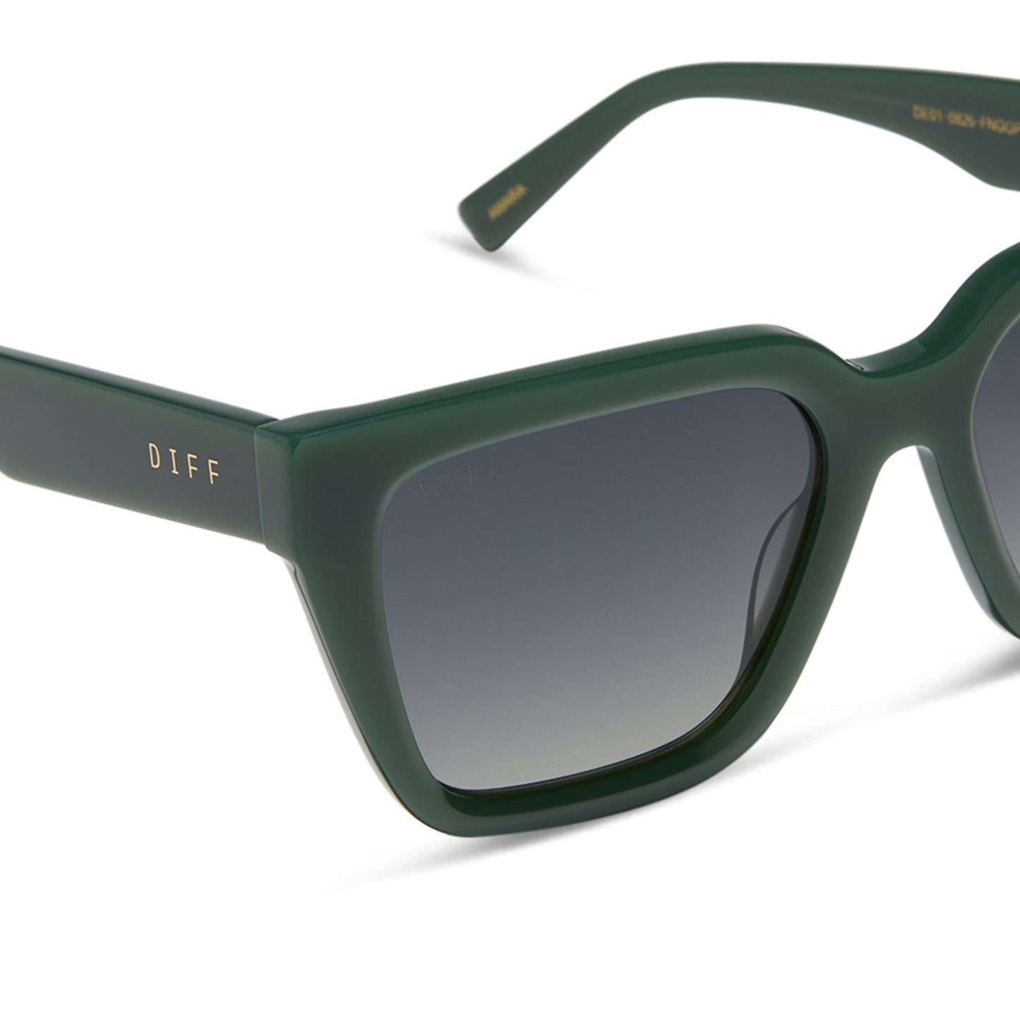 diff eyewear featuring the amara square sunglasses with a fairway green acetate frame and grey gradient polarized lenses detailed view