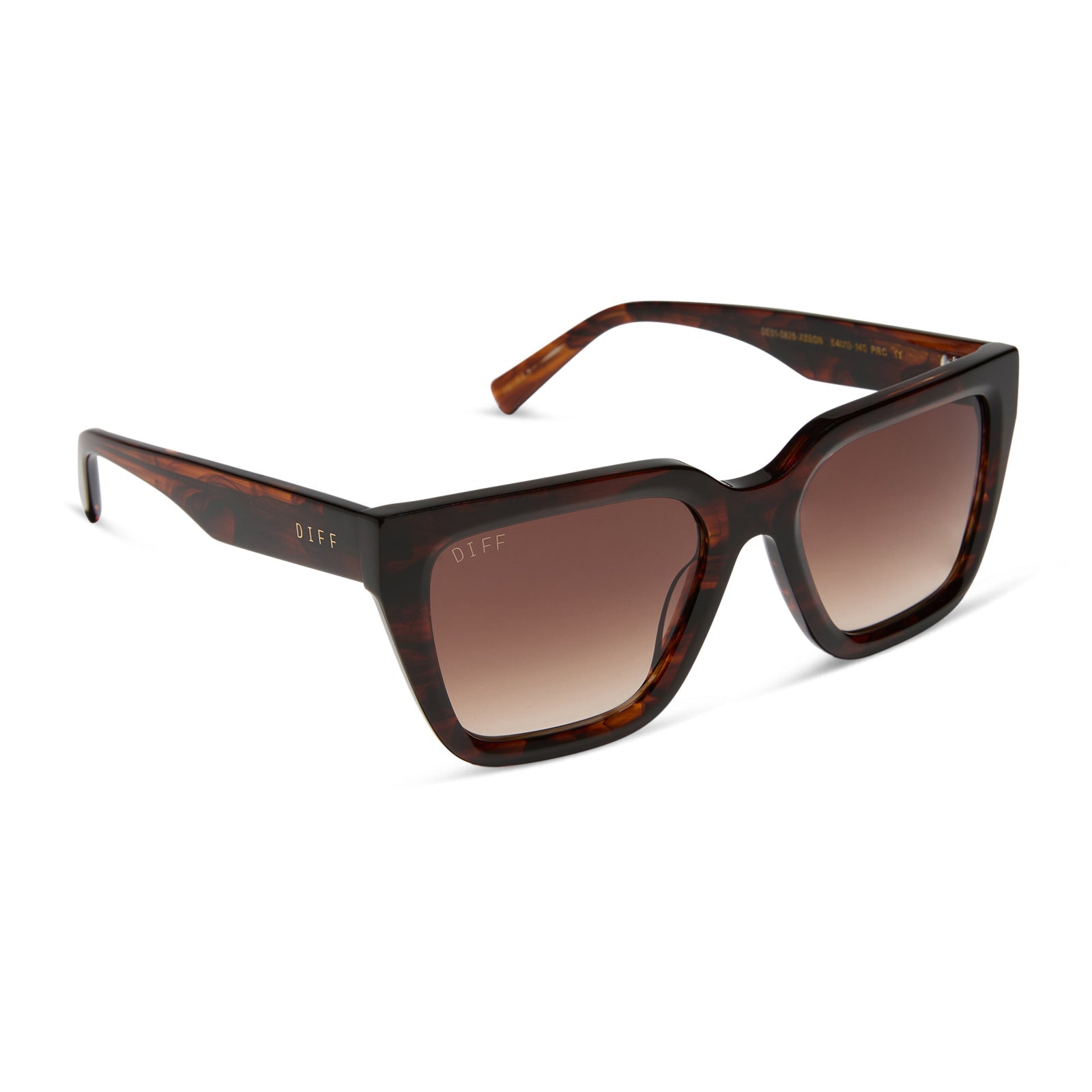 diff eyewear featuring the amara square sunglasses with a sequoia tortoise frame and brown gradient lenses angled view