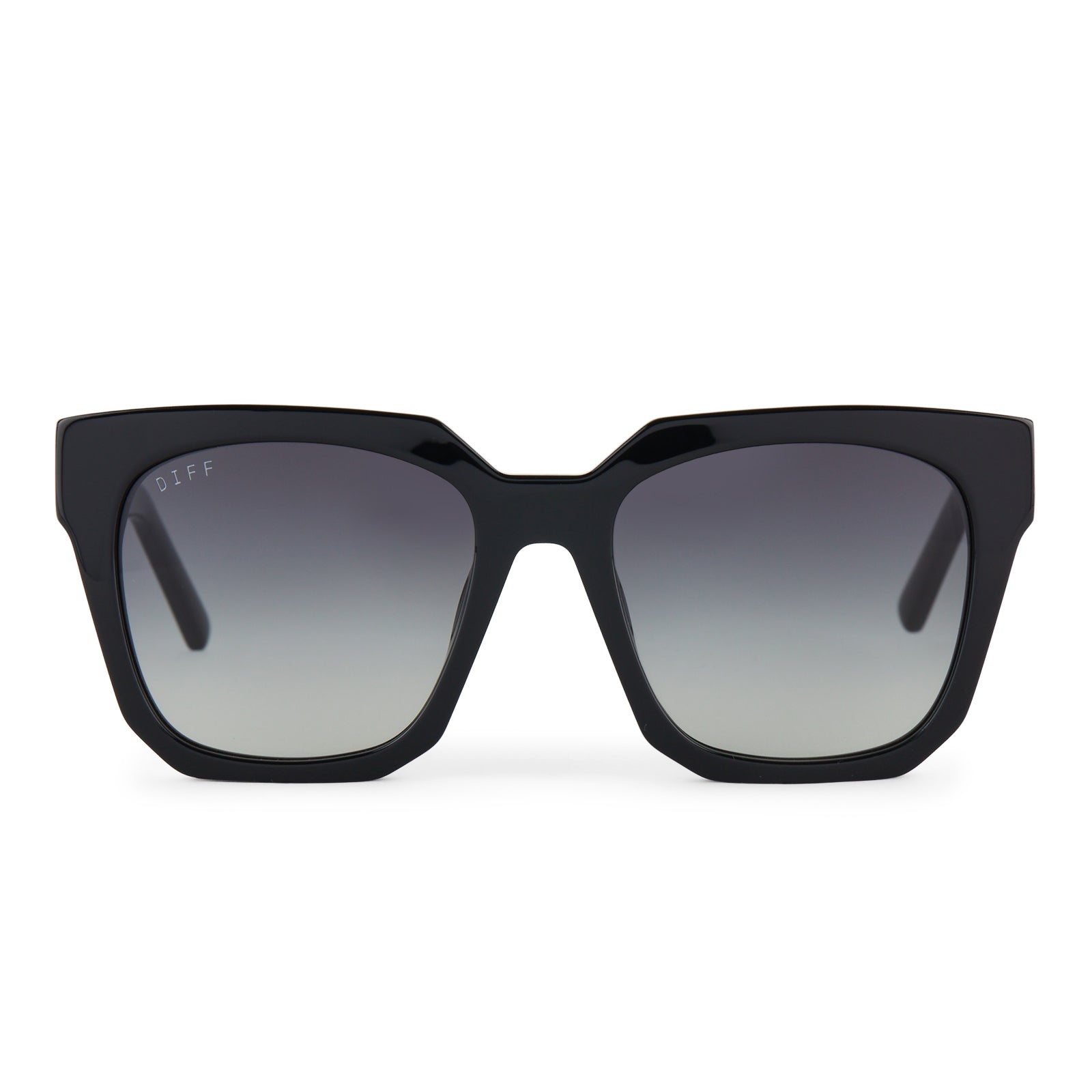 diff eyewear featuring the ariana square sunglasses with a black frame and grey gradient lenses front view